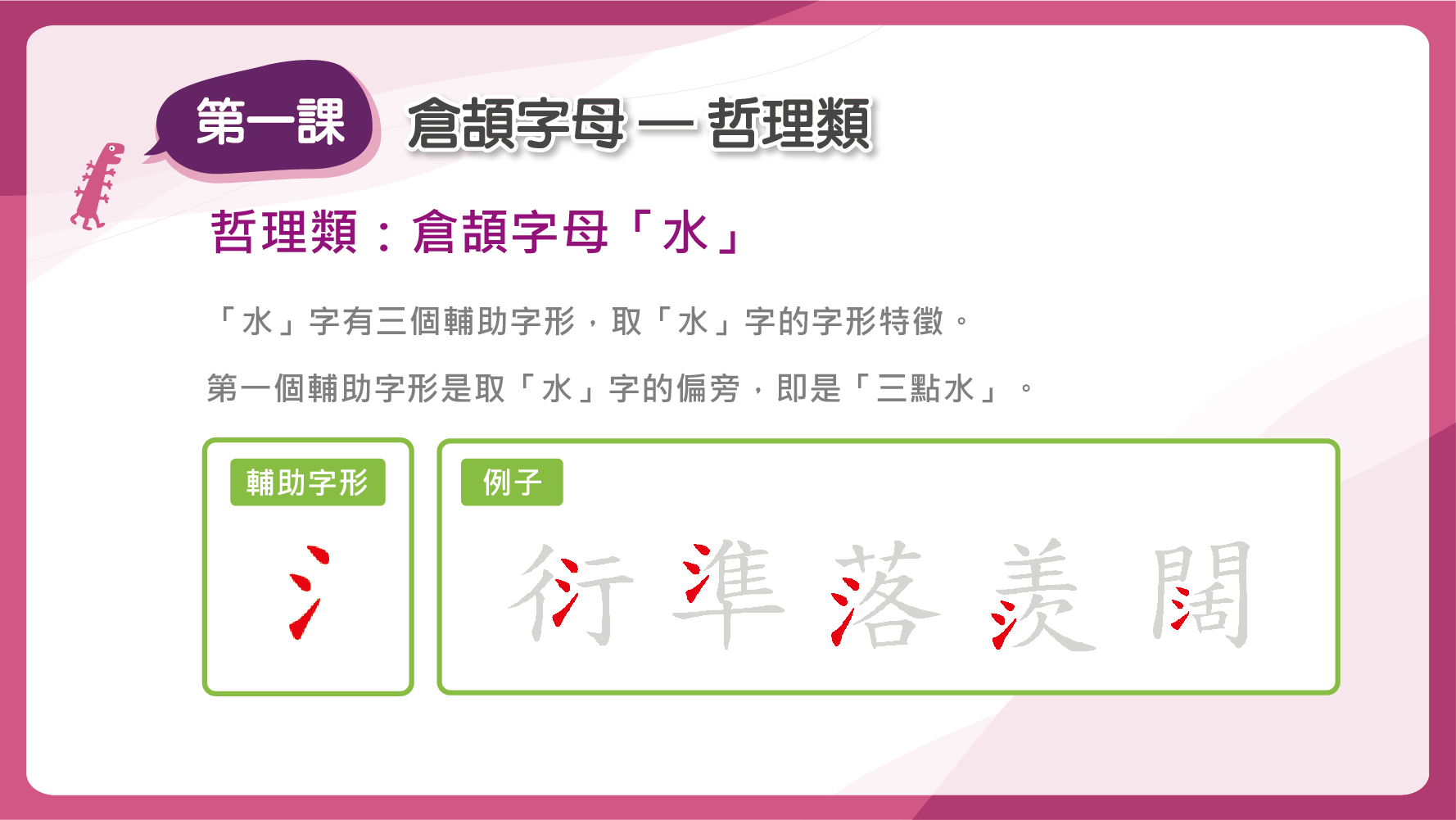 「水」的第一個輔助字形是「水」字的偏旁「三點水」